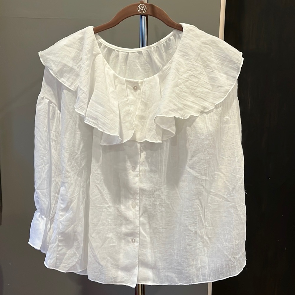 🍁🐠 Japanese Casual Elf boho peasant top ruffle floaty White medium - Picture 3 of 10